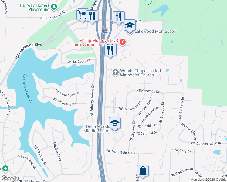 map of restaurants, bars, coffee shops, grocery stores, and more near 4612 Northeast Whispering Winds Drive in Lee's Summit