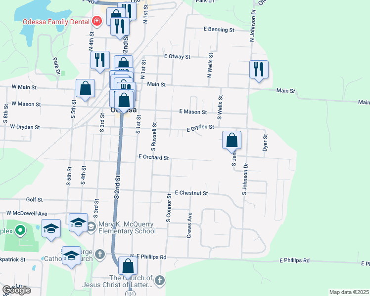 map of restaurants, bars, coffee shops, grocery stores, and more near 313 East Orchard Street in Odessa