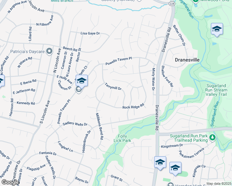 map of restaurants, bars, coffee shops, grocery stores, and more near 1402 Rock Ridge Court in Herndon