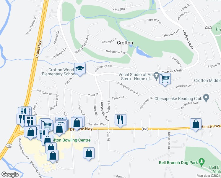 map of restaurants, bars, coffee shops, grocery stores, and more near 1734 Tedbury Street in Crofton