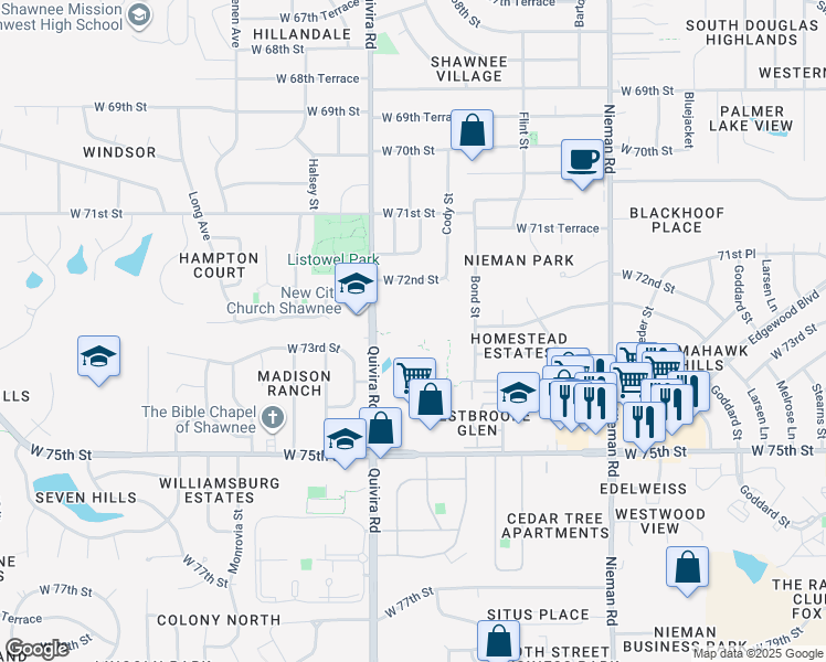 map of restaurants, bars, coffee shops, grocery stores, and more near 7325 Quivira Road in Shawnee
