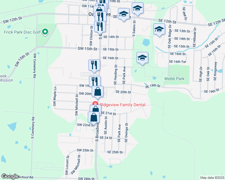 map of restaurants, bars, coffee shops, grocery stores, and more near 406 Southeast 21st Street in Oak Grove