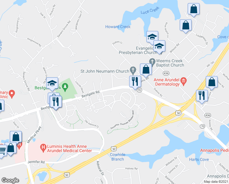 map of restaurants, bars, coffee shops, grocery stores, and more near 604 Puritan Court in Annapolis