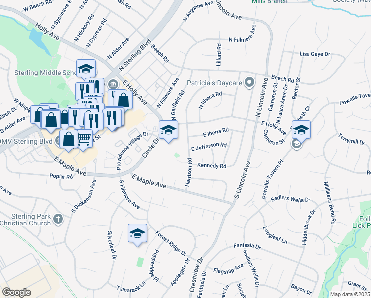 map of restaurants, bars, coffee shops, grocery stores, and more near 209 South Harrison Road in Sterling