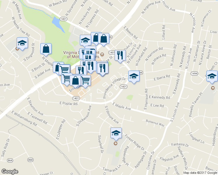 map of restaurants, bars, coffee shops, grocery stores, and more near 274 Coventry Square in Sterling