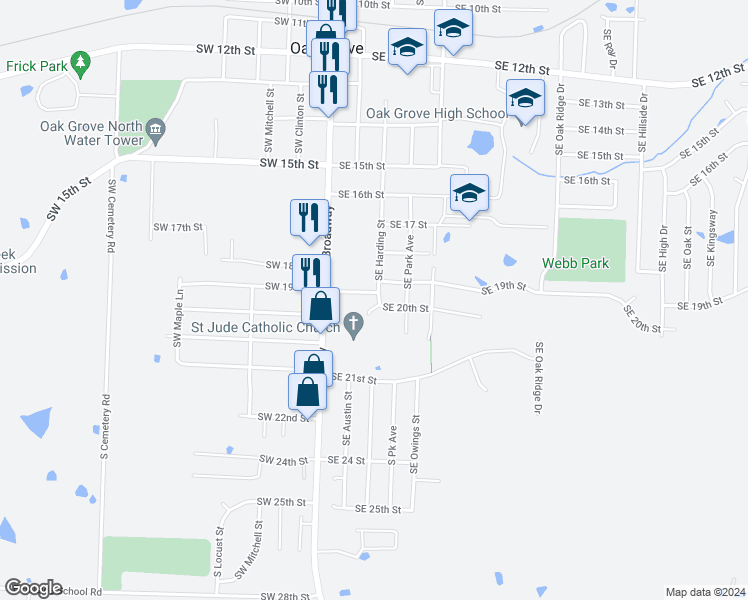 map of restaurants, bars, coffee shops, grocery stores, and more near 406 Southeast 21st Street in Oak Grove