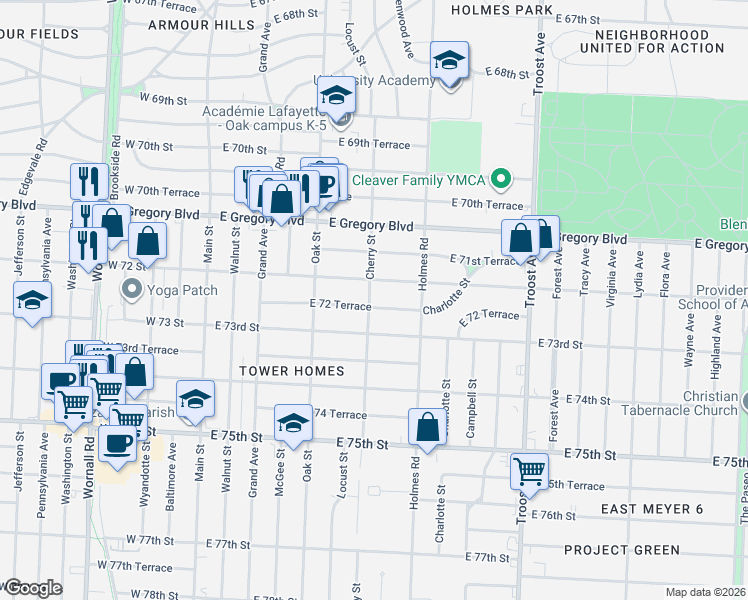 map of restaurants, bars, coffee shops, grocery stores, and more near 445 East 72nd Street in Kansas City