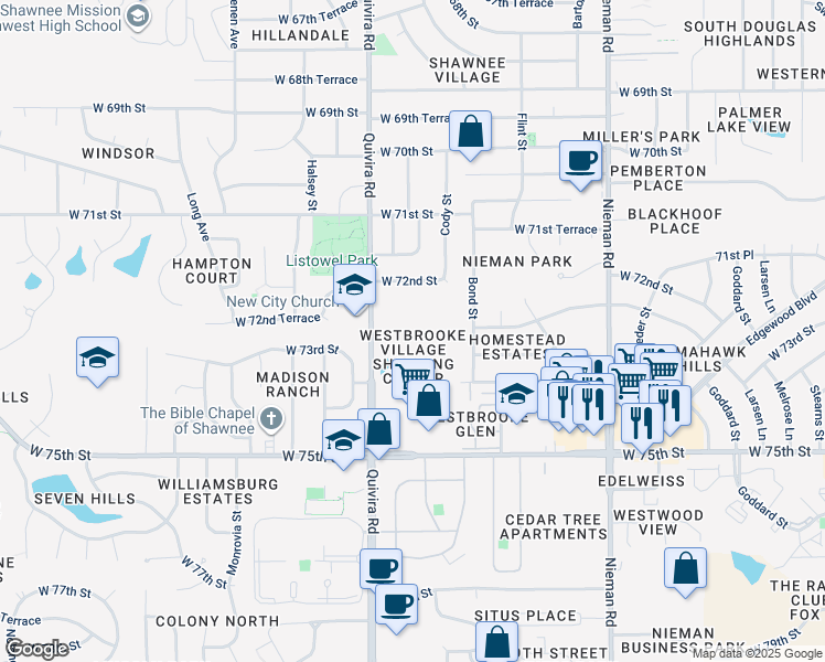 map of restaurants, bars, coffee shops, grocery stores, and more near 7317 Quivira Road in Shawnee