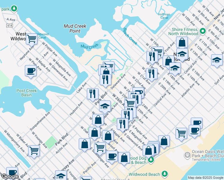 map of restaurants, bars, coffee shops, grocery stores, and more near 2507 Delaware Avenue in North Wildwood