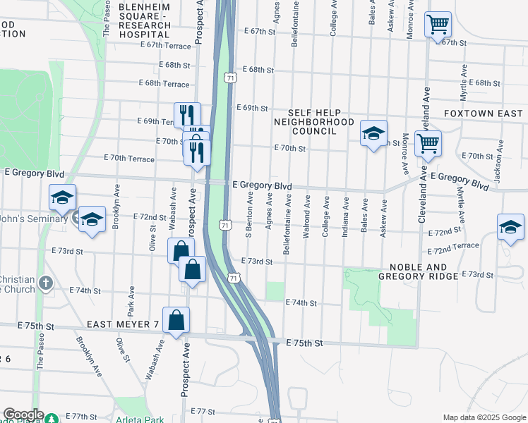 map of restaurants, bars, coffee shops, grocery stores, and more near 7122 Agnes Avenue in Kansas City