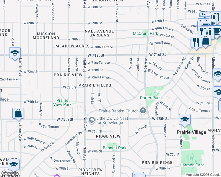map of restaurants, bars, coffee shops, grocery stores, and more near 5133 West 73rd Street in Prairie Village