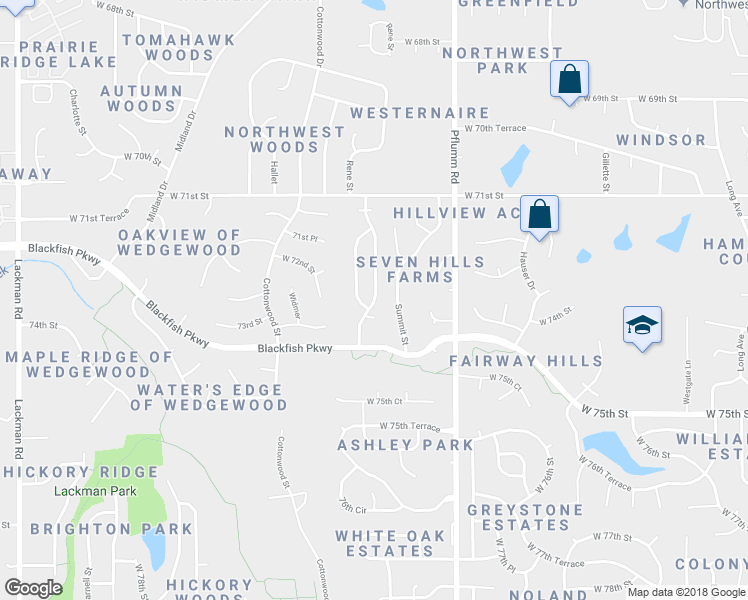 map of restaurants, bars, coffee shops, grocery stores, and more near 7200 Park in Shawnee