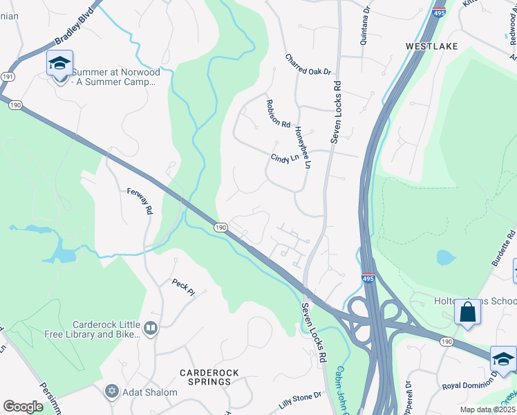 map of restaurants, bars, coffee shops, grocery stores, and more near 8129 River Road in Bethesda