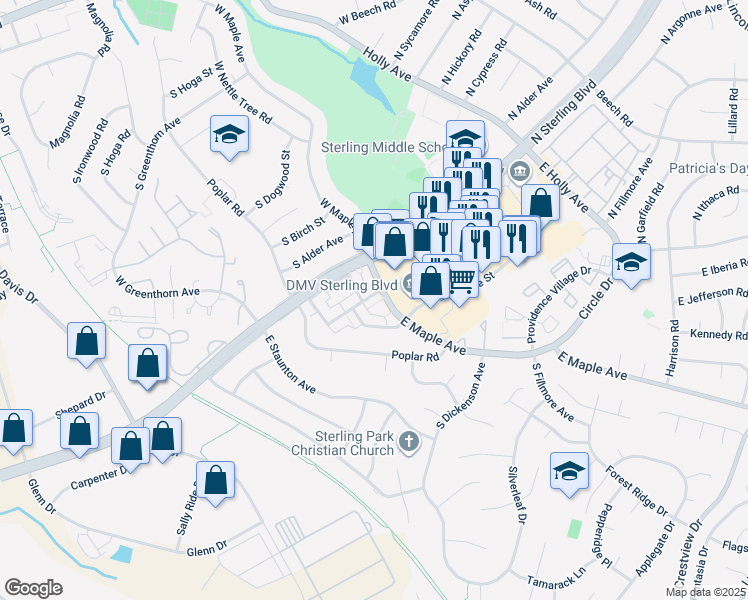map of restaurants, bars, coffee shops, grocery stores, and more near 606 South Concord Court in Sterling
