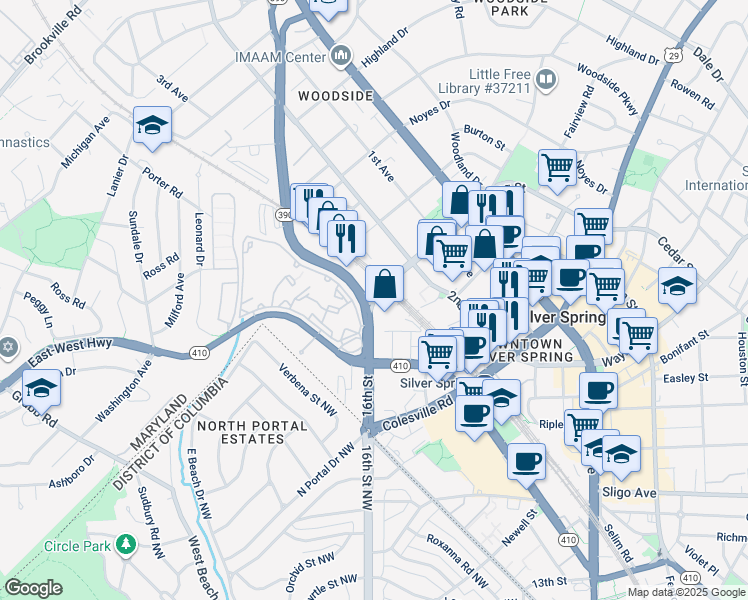 map of restaurants, bars, coffee shops, grocery stores, and more near 6001 Spring Street in Silver Spring