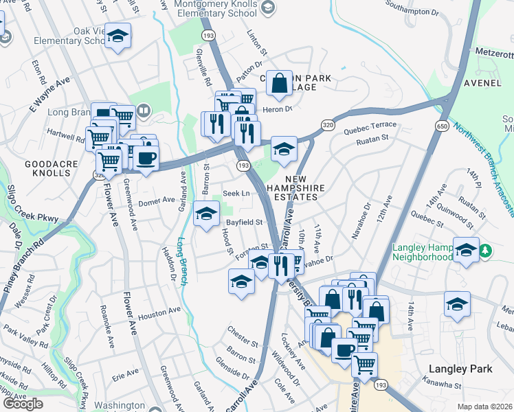 map of restaurants, bars, coffee shops, grocery stores, and more near 14 Seek Court in Takoma Park