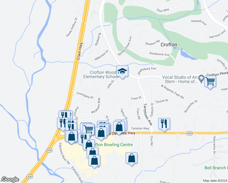 map of restaurants, bars, coffee shops, grocery stores, and more near 1719 Trent Street in Crofton