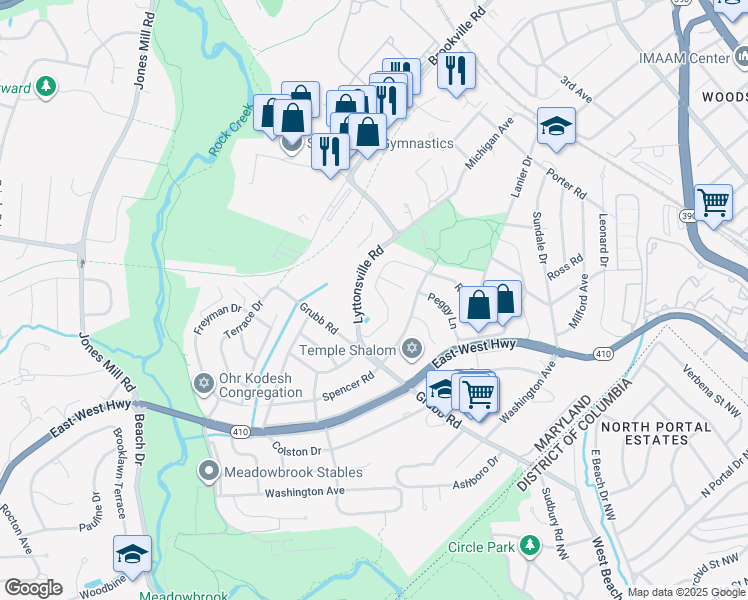 map of restaurants, bars, coffee shops, grocery stores, and more near 2505 Ross Road in Silver Spring