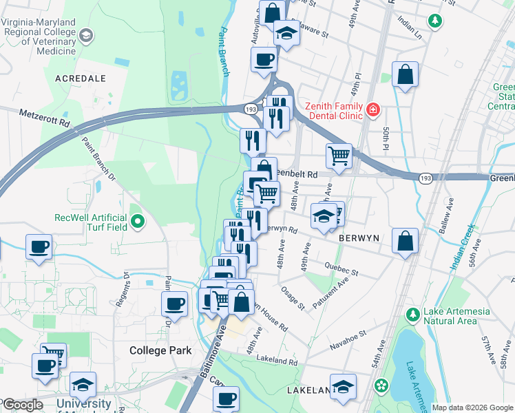 map of restaurants, bars, coffee shops, grocery stores, and more near 8700 Baltimore Avenue in College Park
