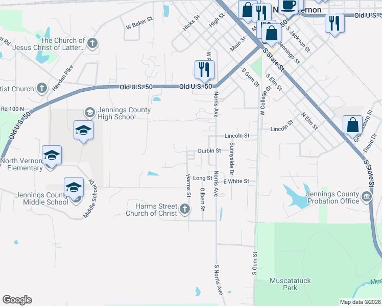 map of restaurants, bars, coffee shops, grocery stores, and more near 100 Durbin Street in North Vernon