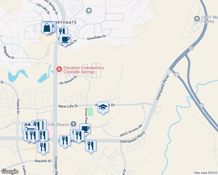 map of restaurants, bars, coffee shops, grocery stores, and more near 11351 Rill Point in Colorado Springs