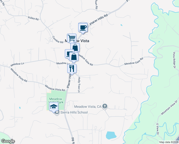 map of restaurants, bars, coffee shops, grocery stores, and more near 880 Evergreen Lane in Meadow Vista