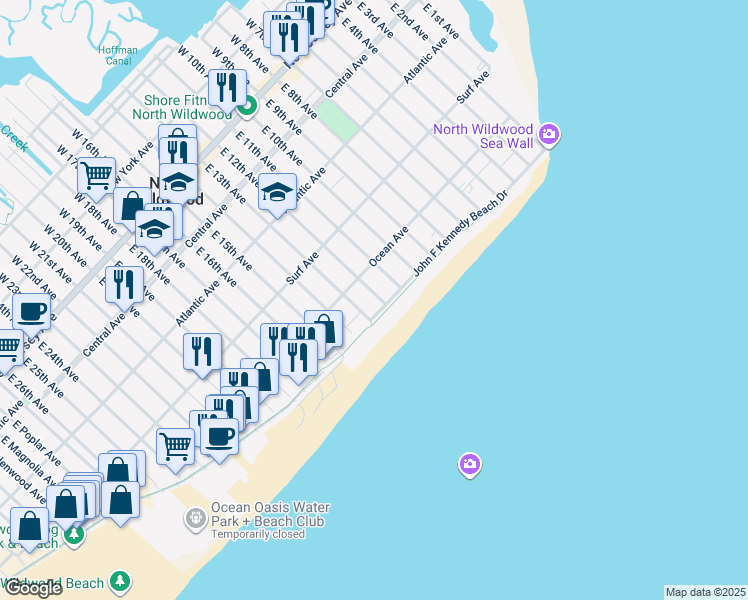 map of restaurants, bars, coffee shops, grocery stores, and more near 506 East 12th Avenue in North Wildwood