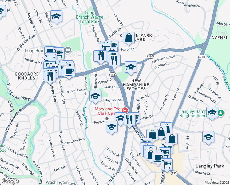 map of restaurants, bars, coffee shops, grocery stores, and more near 11 Seek Court in Takoma Park