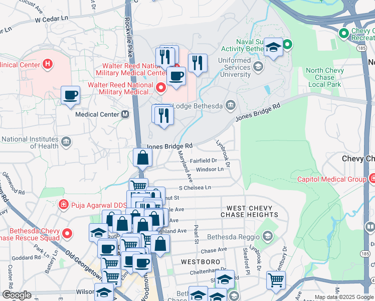 map of restaurants, bars, coffee shops, grocery stores, and more near 4602 Jones Bridge Road in Bethesda