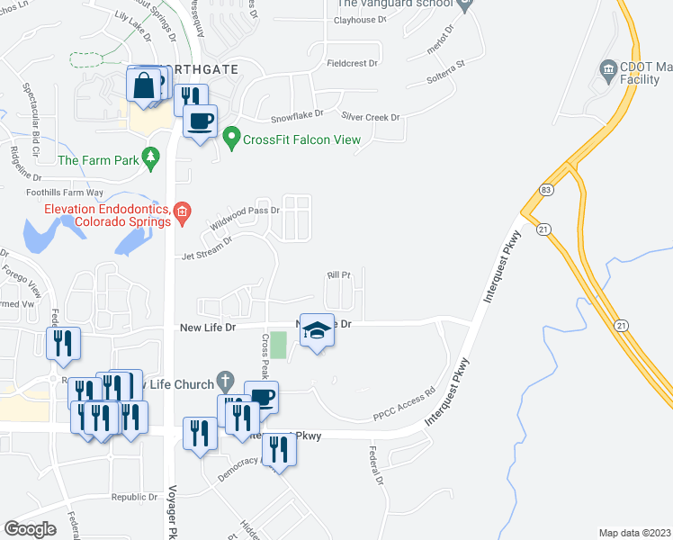 map of restaurants, bars, coffee shops, grocery stores, and more near 11351 Rill Point in Colorado Springs