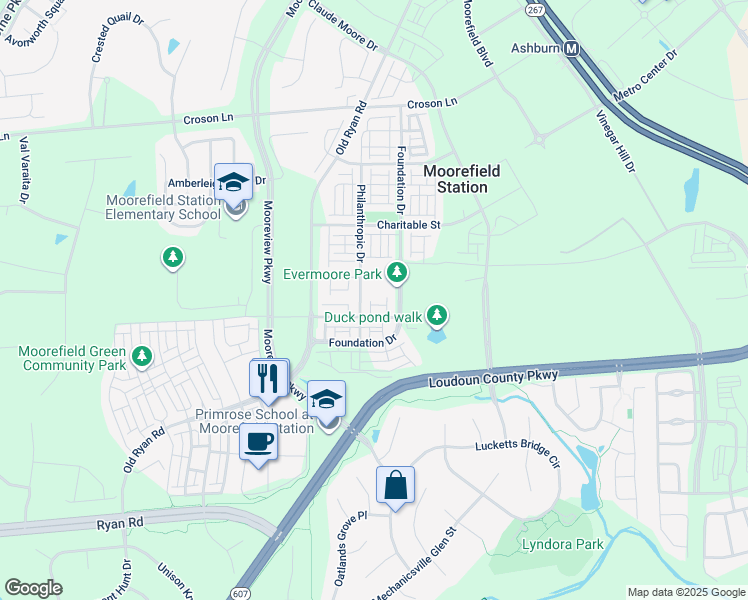 map of restaurants, bars, coffee shops, grocery stores, and more near 43398 Three Forks Terrace in Ashburn
