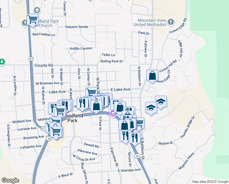 map of restaurants, bars, coffee shops, grocery stores, and more near 333 East Lake Avenue in Woodland Park