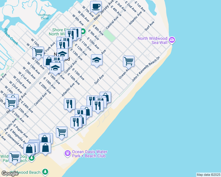 map of restaurants, bars, coffee shops, grocery stores, and more near 434 East 13th Avenue in North Wildwood