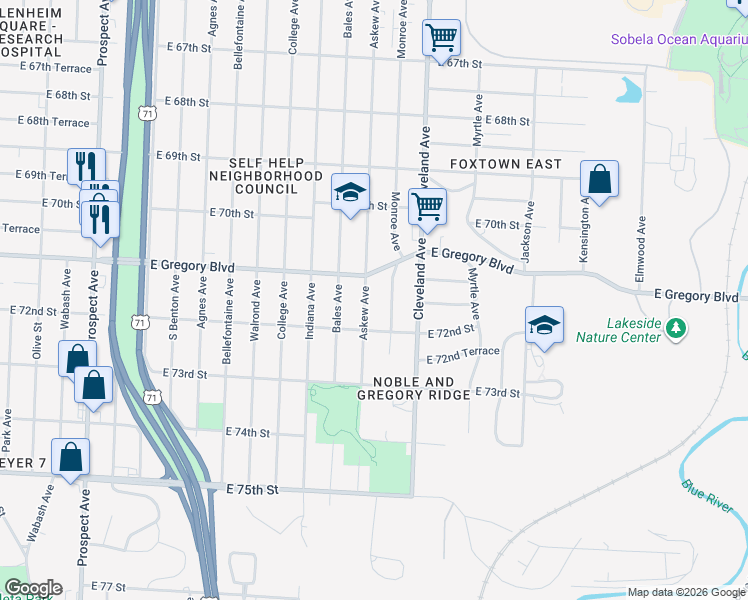 map of restaurants, bars, coffee shops, grocery stores, and more near 7113 Askew Avenue in Kansas City