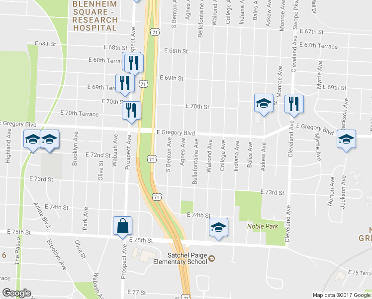 map of restaurants, bars, coffee shops, grocery stores, and more near 7122 Agnes Avenue in Kansas City