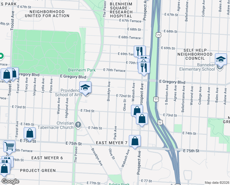 map of restaurants, bars, coffee shops, grocery stores, and more near 2309 East 71st Terrace in Kansas City