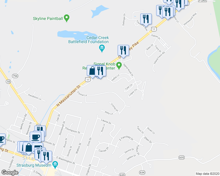 map of restaurants, bars, coffee shops, grocery stores, and more near 591 Crystal Lane in Strasburg
