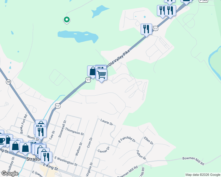 map of restaurants, bars, coffee shops, grocery stores, and more near 591 Crystal Lane in Strasburg
