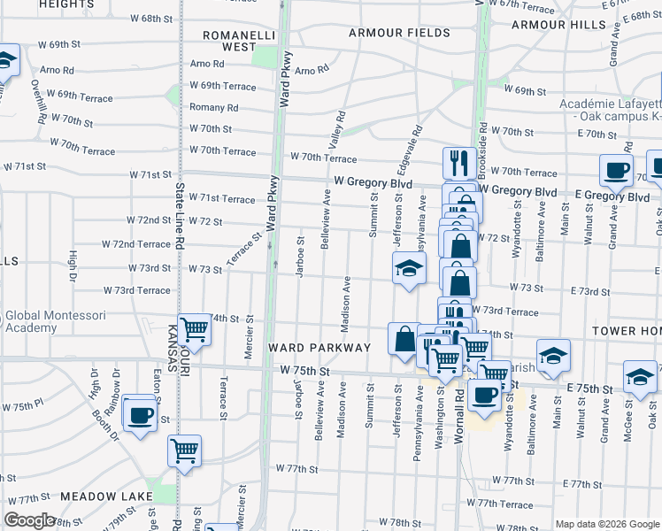 map of restaurants, bars, coffee shops, grocery stores, and more near 7229 Belleview Avenue in Kansas City