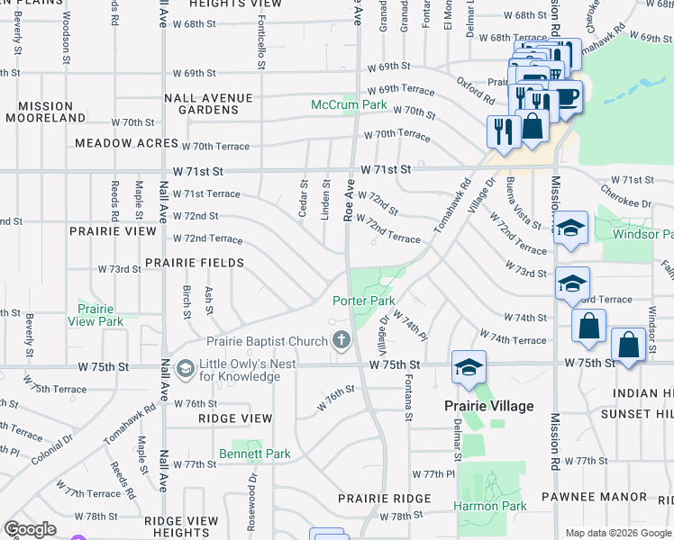 map of restaurants, bars, coffee shops, grocery stores, and more near 4704 Tomahawk Road in Prairie Village