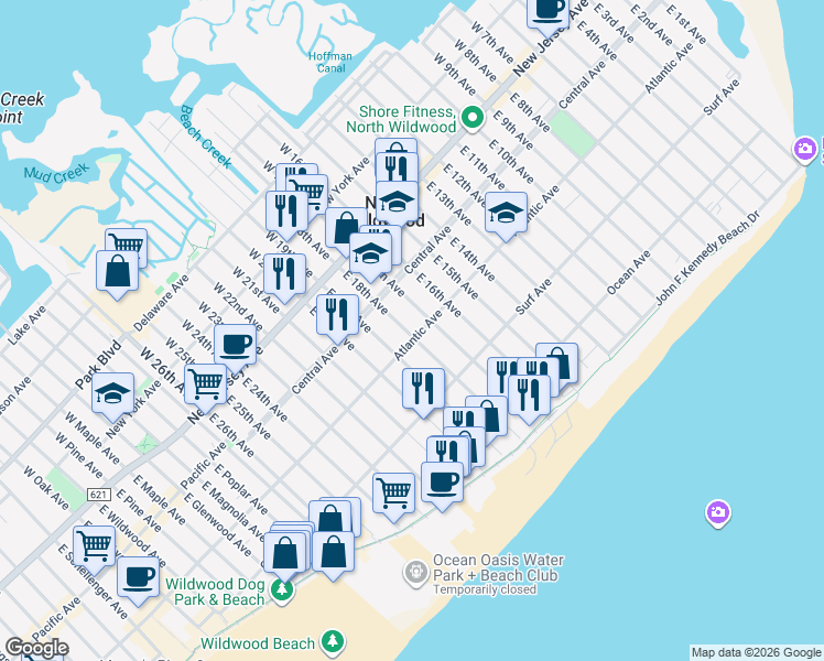 map of restaurants, bars, coffee shops, grocery stores, and more near 226 East 17th Avenue in North Wildwood
