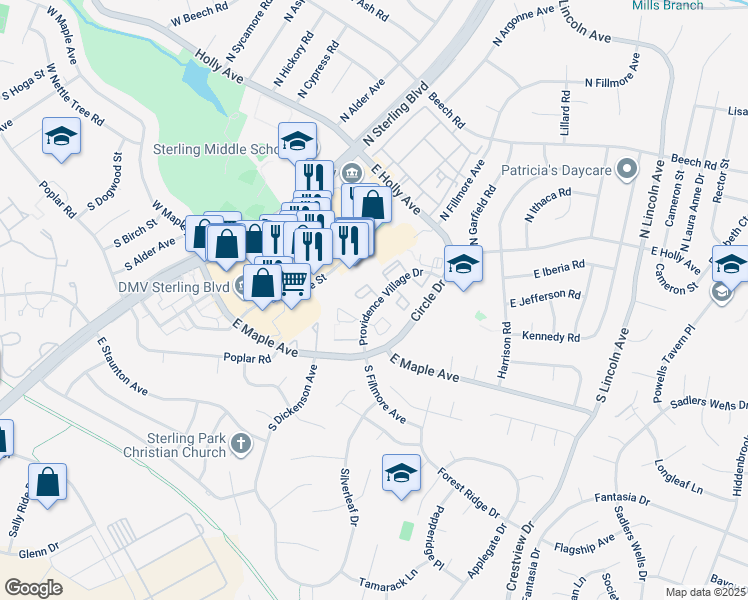 map of restaurants, bars, coffee shops, grocery stores, and more near 277 Coventry Square in Sterling