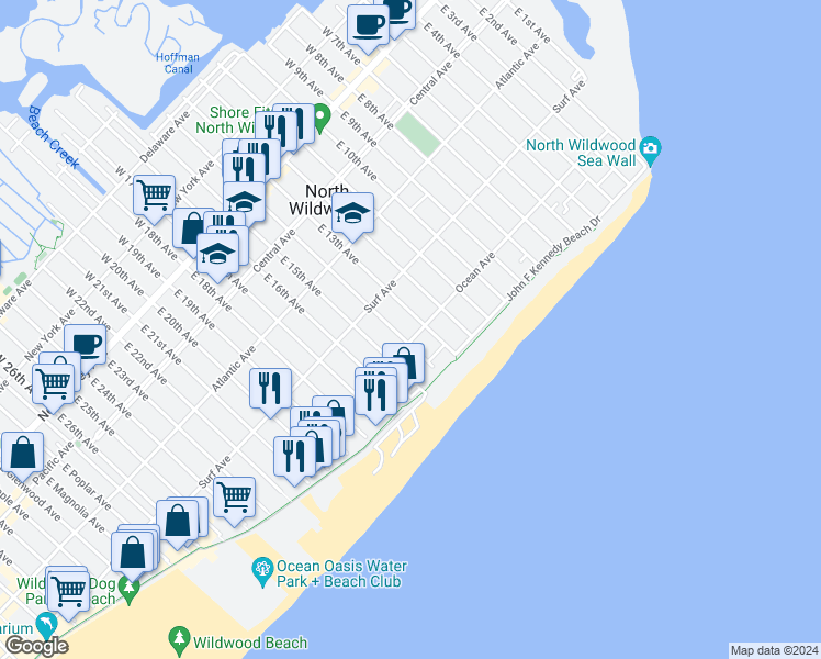 map of restaurants, bars, coffee shops, grocery stores, and more near 434 East 13th Avenue in North Wildwood