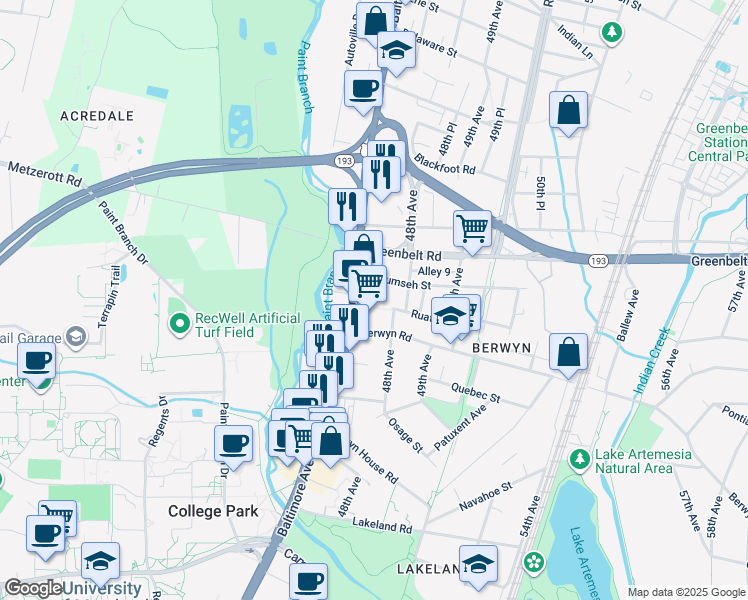 map of restaurants, bars, coffee shops, grocery stores, and more near 4705 Tecumseh Street in College Park