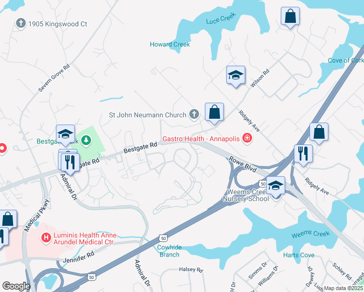 map of restaurants, bars, coffee shops, grocery stores, and more near 664 Howards Loop in Annapolis