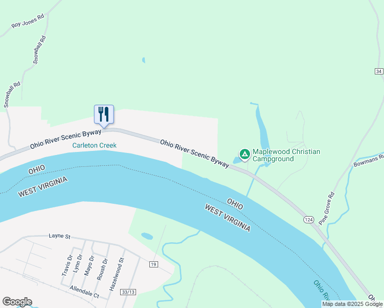 map of restaurants, bars, coffee shops, grocery stores, and more near 45615 Ohio 124 in Racine