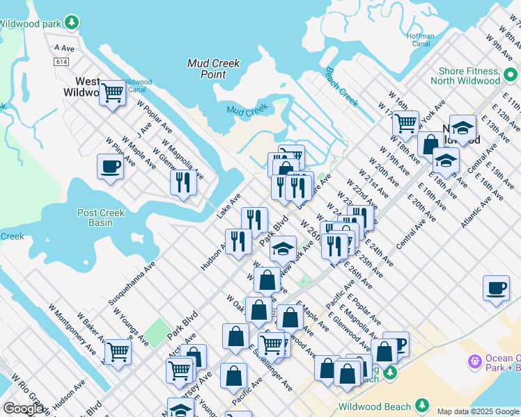 map of restaurants, bars, coffee shops, grocery stores, and more near 405 West Poplar Avenue in Wildwood
