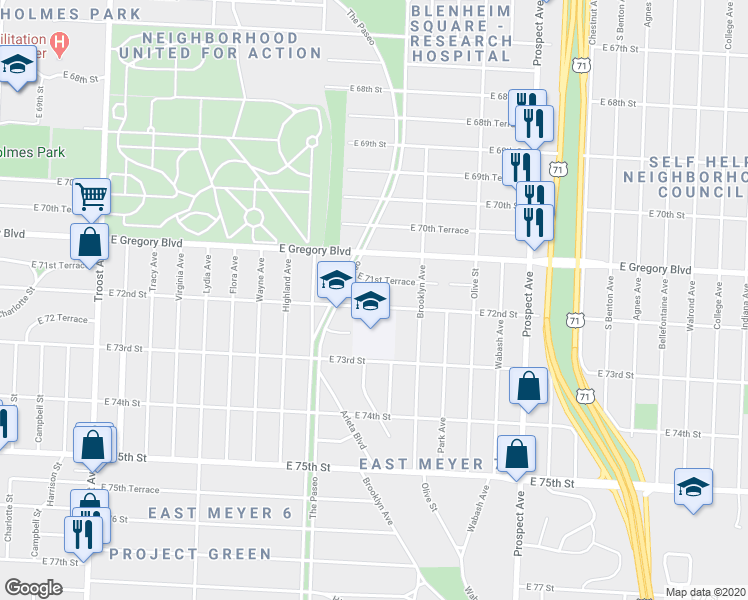 map of restaurants, bars, coffee shops, grocery stores, and more near 1930 East 72nd Street in Kansas City