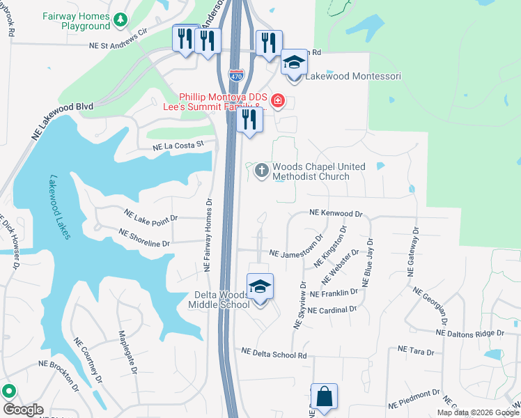 map of restaurants, bars, coffee shops, grocery stores, and more near 4612 Northeast Whispering Winds Drive in Lee's Summit