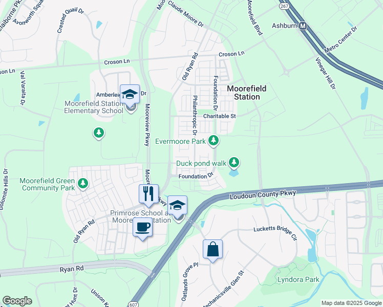 map of restaurants, bars, coffee shops, grocery stores, and more near 43387 Radford Divide Terrace in Ashburn